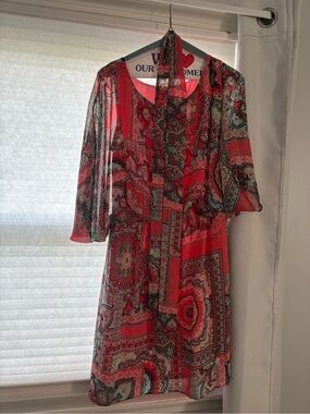 Signature by Robert Bee Red Paisley Print Sheer Overlay Dress